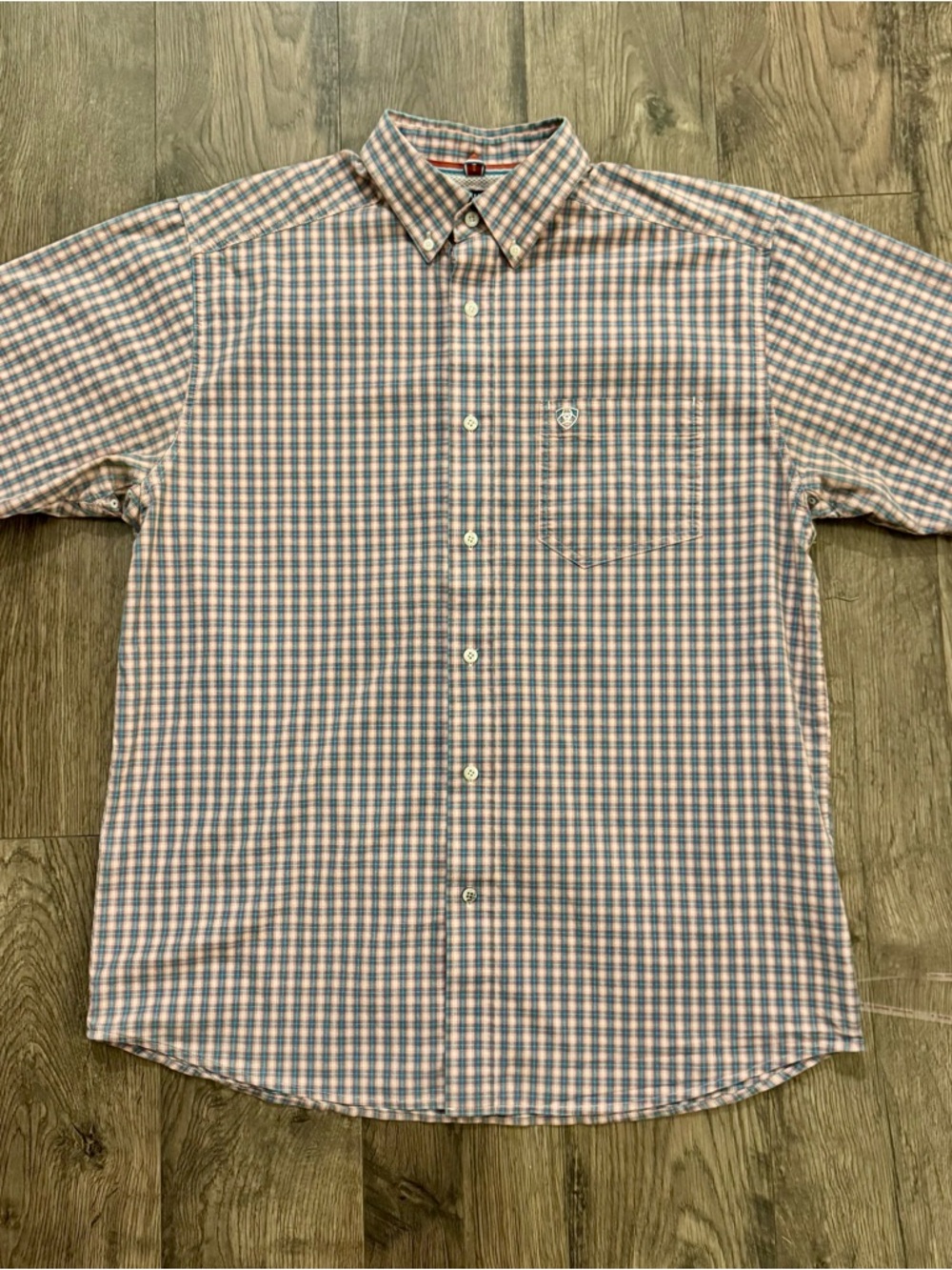 Ariat Pro Men's Button-Down Checked Shirt - Short Sleeve Blue & Cream Size Large